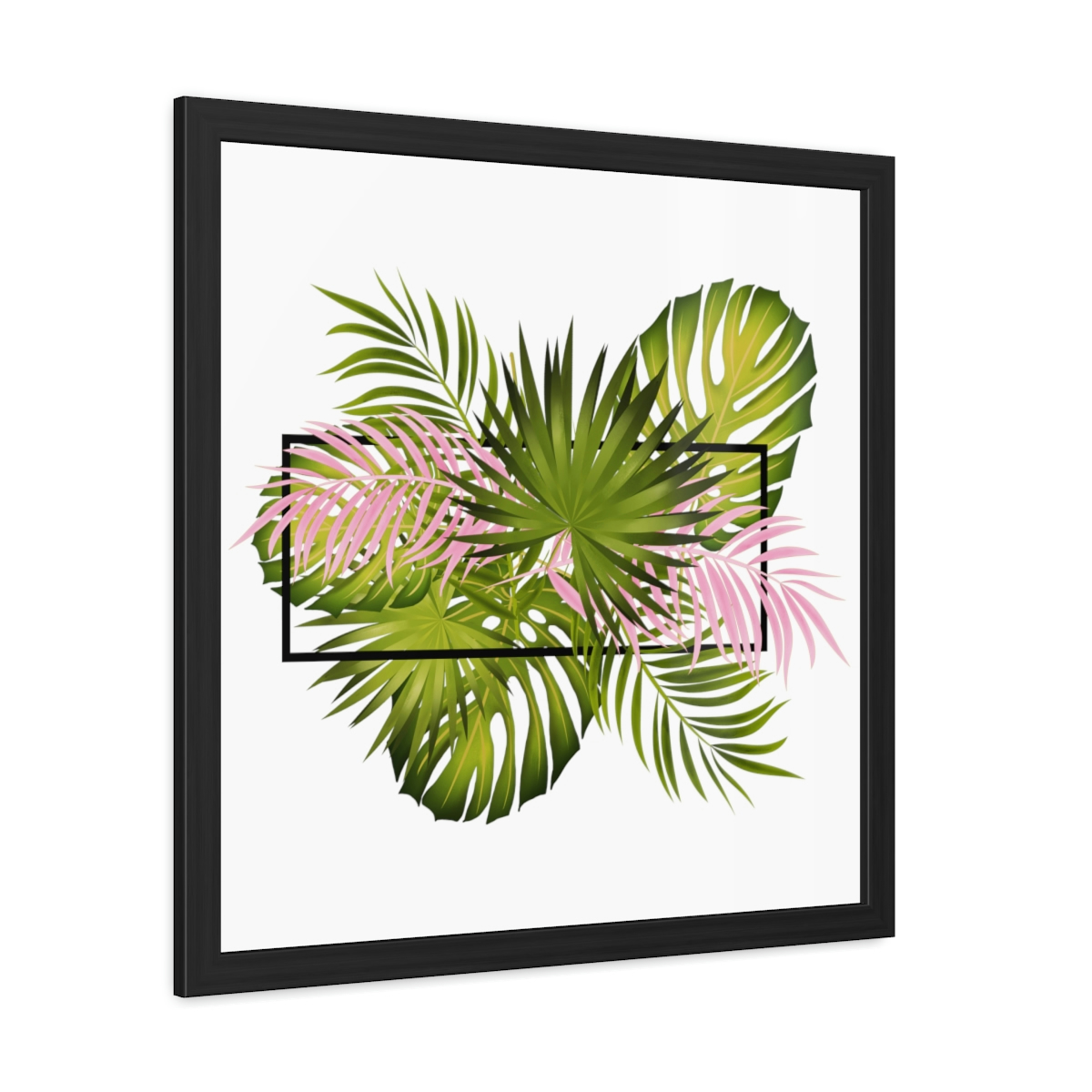 Hand Drawn Summer Colored Palm Leaves Black Square Border White Transparent Framed Posters